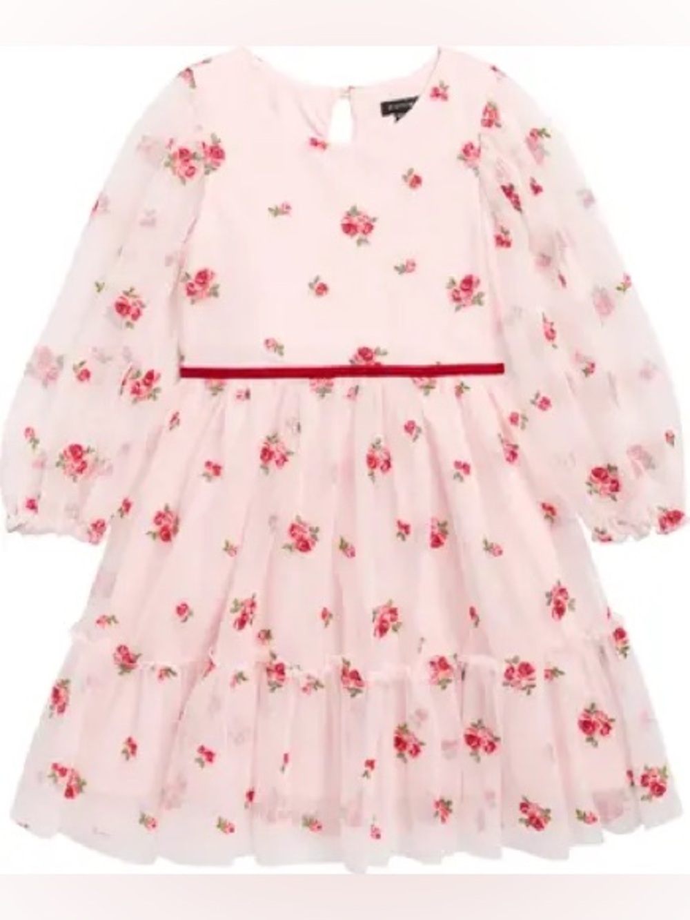 NWT. Zunie. Floral Embroidered Mesh Tiered Party Dress. Pink. Size 8.